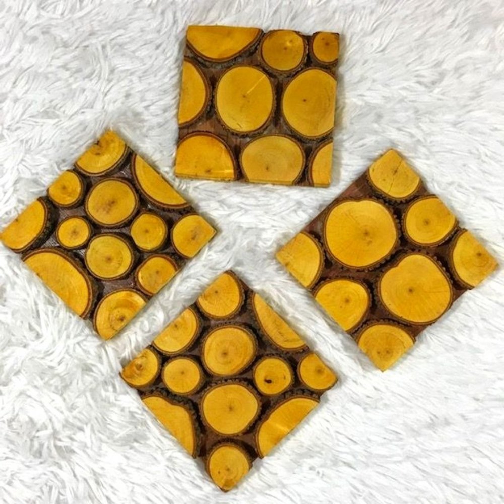 NWOT Set of 4 Coated Hand Crafted Genuine Wood Coasters